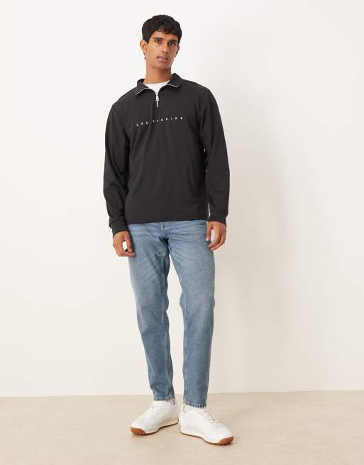 ASOS DESIGN standard fit scuba-style fabric 1/4 zip sweatshirt with print in black, 2 of 5