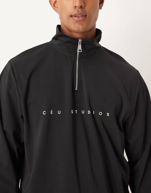 ASOS DESIGN standard fit scuba-style fabric 1/4 zip sweatshirt with print in black, 5 of 5