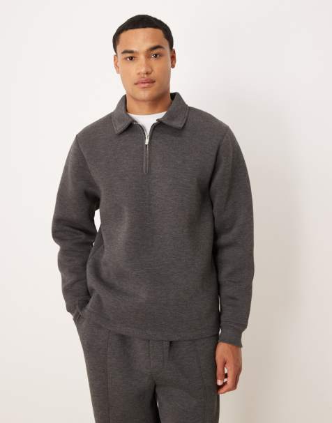 ASOS DESIGN – Standard Fit Sweatshirt aus schwerem neoprenartigem Stoff in meliertem Anthrazit mit kurzem Reißverschluss, Kombiteil - view 1