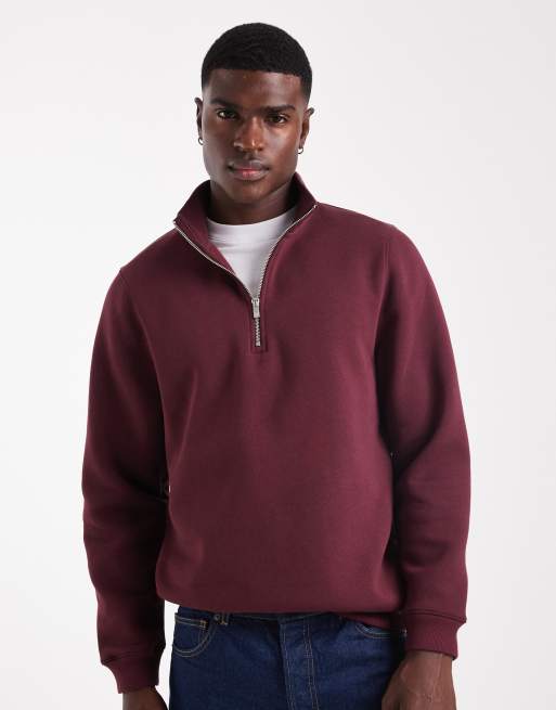 ASOS DESIGN – Standard-Fit-Sweatshirt in Burgunderrot mit kurzem Reißverschluss