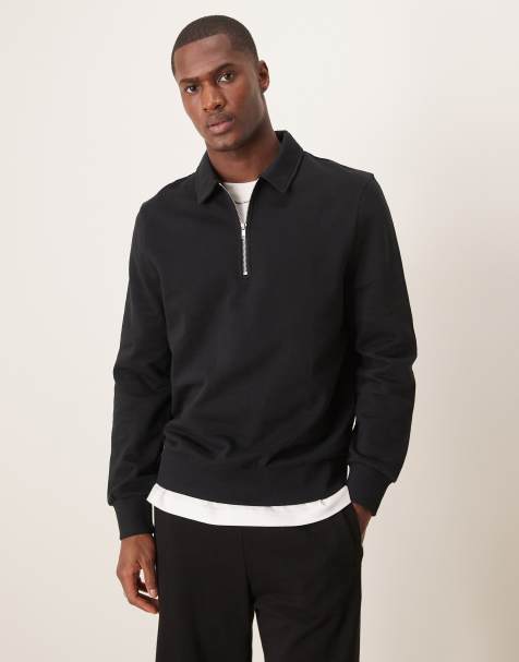 ASOS DESIGN – Standard Fit Sweatshirt in Schwarz mit kurzem Reißverschluss und Kragen - view 1