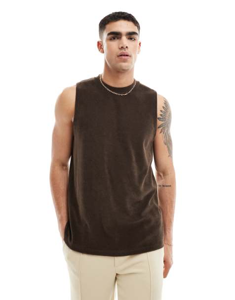 ASOS DESIGN standard fit vest in brown towelling - view 1