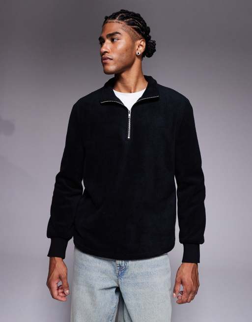ASOS DESIGN standard funnel neck quarter-zip fleece sweatshirt in black