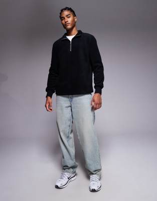 Asos Design Standard Funnel Neck Quarter Zip Fleece Sweatshirt In Black