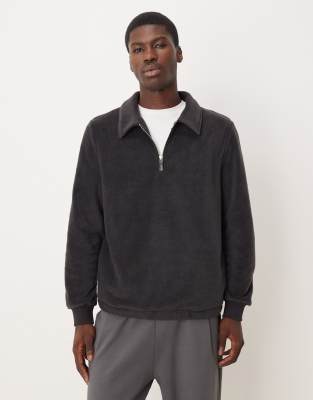 Asos Design Standard Funnel Neck Quarter Zip Fleece Sweatshirt With Collar In Gray