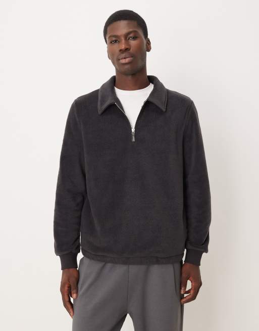 ASOS DESIGN standard funnel neck quarter zip fleece sweatshirt with collar in charcoal