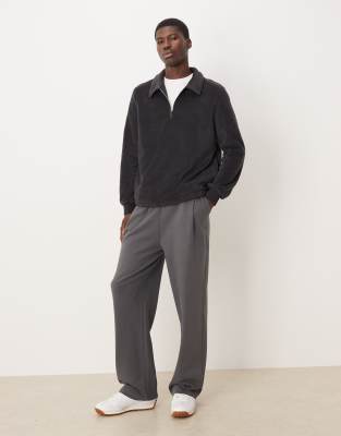 Asos Design Standard Funnel Neck Quarter Zip Fleece Sweatshirt With Collar In Gray