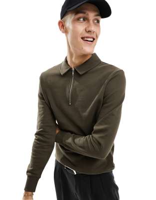 Asos Design Standard Half Zip Sweatshirt With Collar Neck In Brown