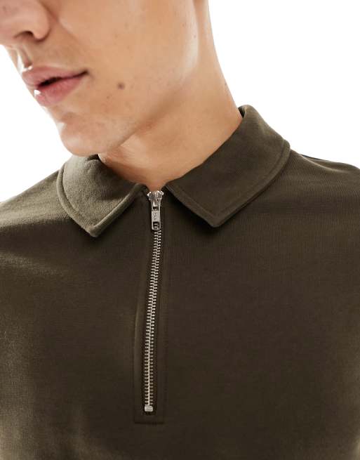 ASOS DESIGN standard half zip sweatshirt with collar neck in brown