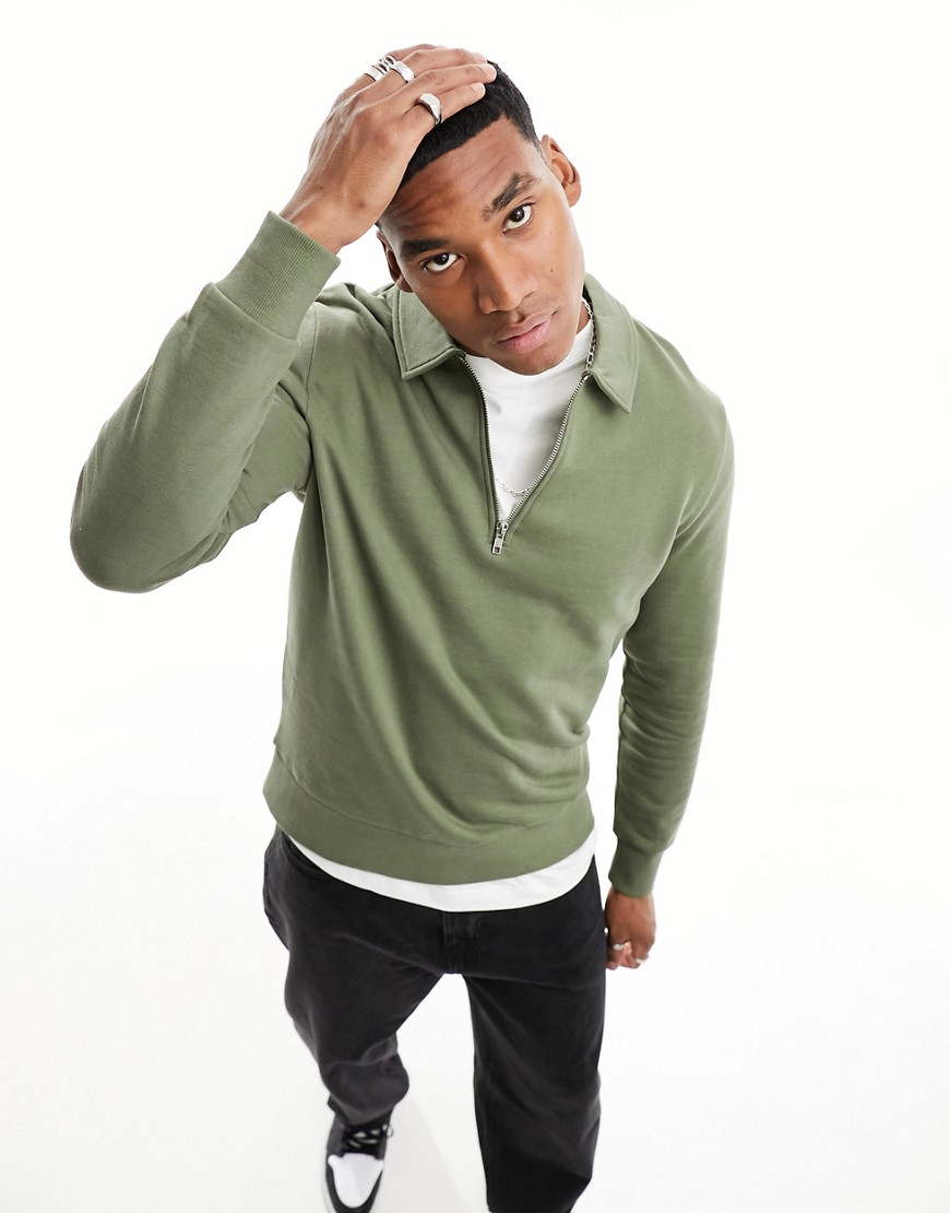 ASOS DESIGN standard half zip sweatshirt with collar neck in khaki-Green