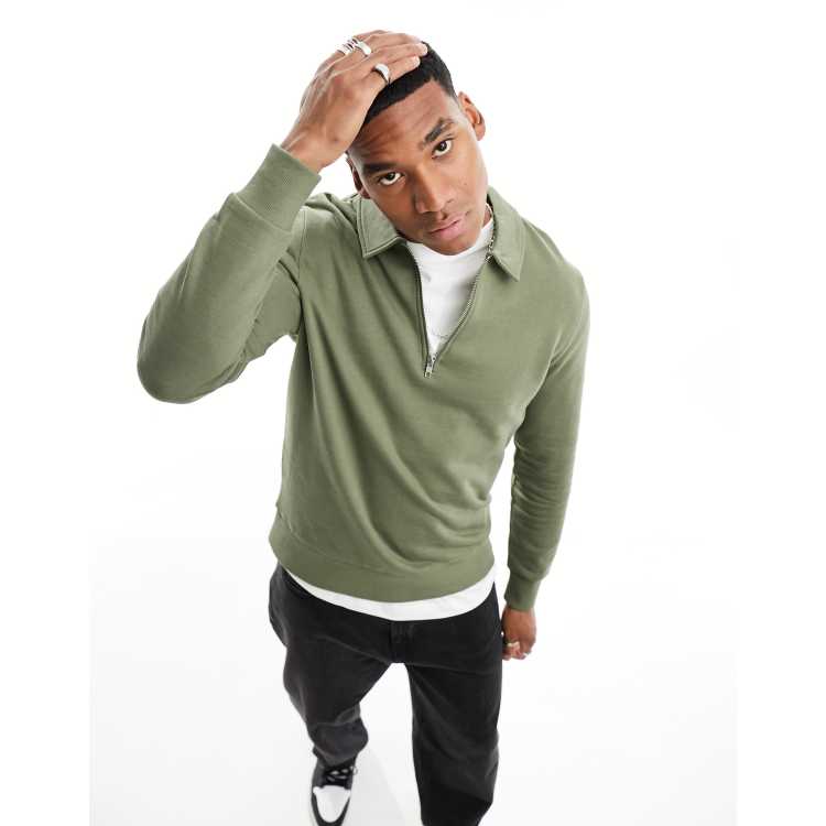 ASOS DESIGN standard half zip sweatshirt with collar neck in khaki