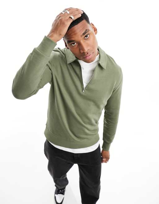 ASOS DESIGN standard half zip sweatshirt with collar neck in khaki