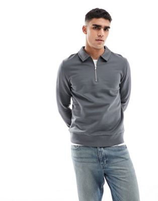 ASOS DESIGN standard half zip sweatshirt with collar neck in washed black-Grey