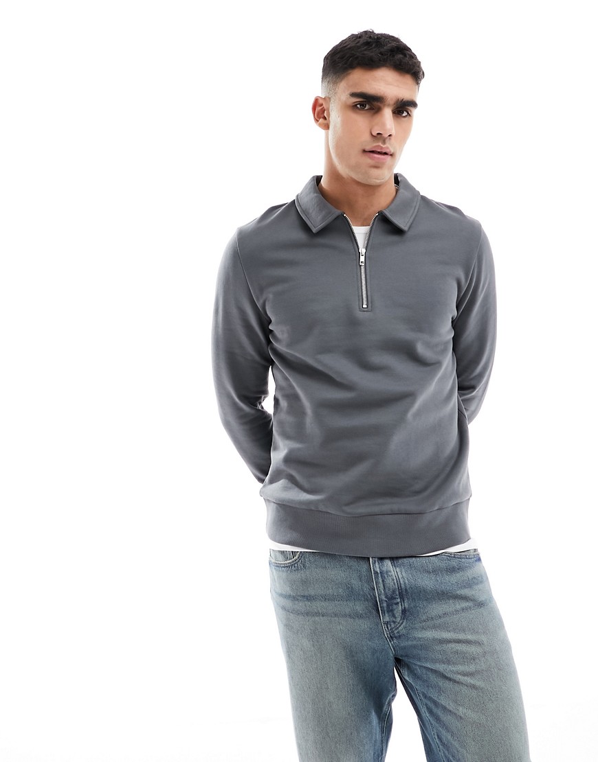 Asos Design Standard Half Zip Sweatshirt With Collar Neck In Washed Black-gray