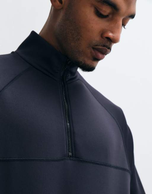 ASOS DESIGN standard half zip sweatshirt with contrast cover stitch and embroidery in scuba-style fabric in navy, 2 of 5