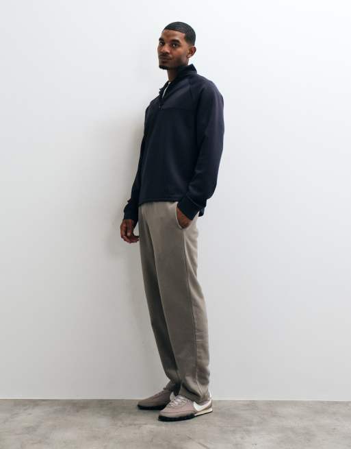 ASOS DESIGN standard half zip sweatshirt with contrast cover stitch and embroidery in scuba-style fabric in navy, 3 of 5