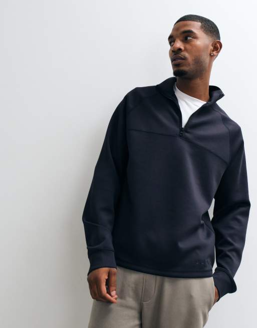 ASOS DESIGN standard half zip sweatshirt with contrast cover stitch and embroidery in scuba-style fabric in navy, 4 of 5