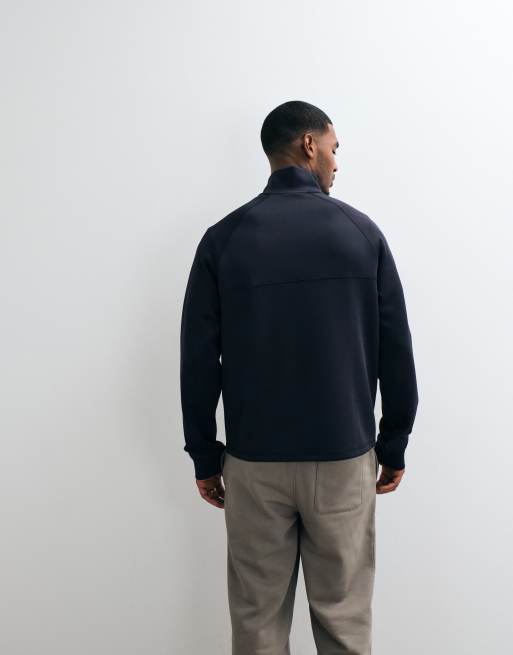 ASOS DESIGN standard half zip sweatshirt with contrast cover stitch and embroidery in scuba-style fabric in navy, 5 of 5