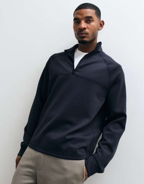 ASOS DESIGN standard half zip sweatshirt with raglan sleeve and contrast cover stitch and embroidery in scuba-style fabric in navy - view 1