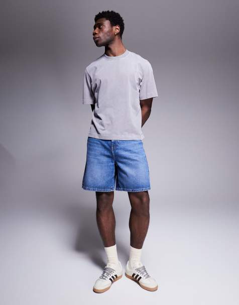 ASOS DESIGN standard length denim jorts in mid wash blue - view 1