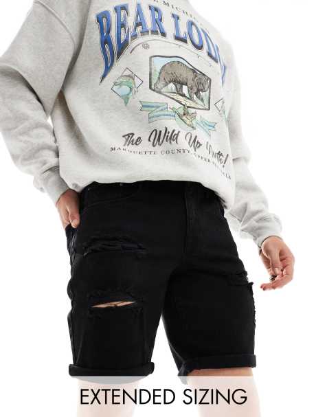 ASOS DESIGN standard length slim denim shorts with rips in washed black - view 1