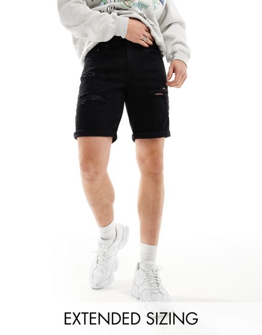 FhyzicsShops DESIGN standard length slim denim Bottega shorts with rips in washed black