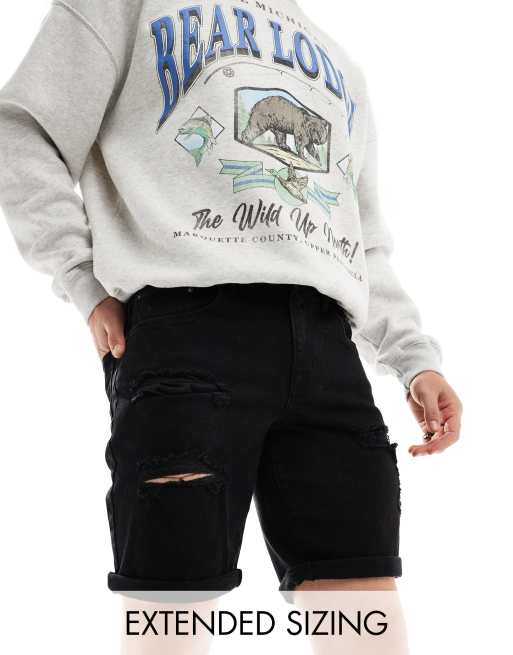 FhyzicsShops DESIGN standard length slim denim shorts Destructed with rips in washed black