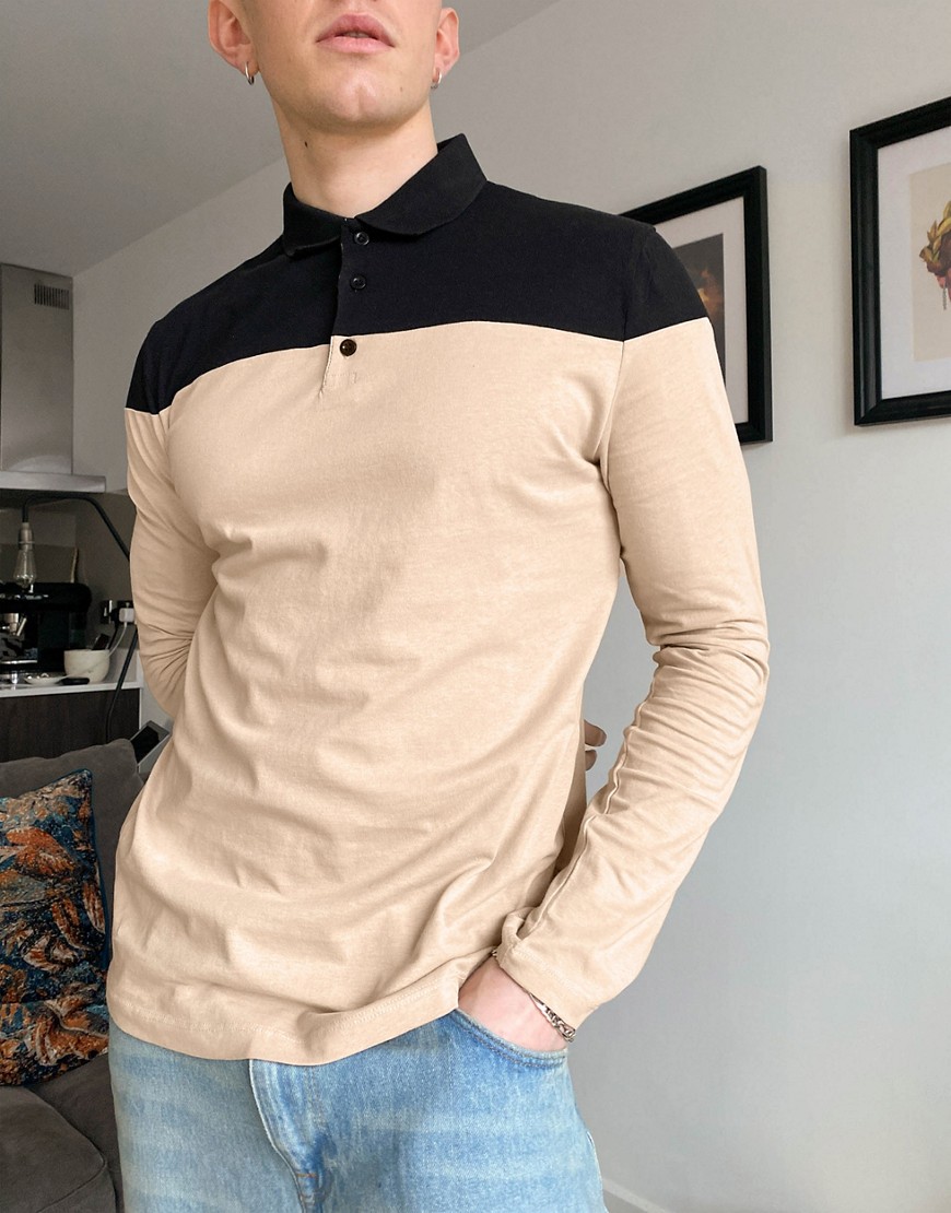 ASOS DESIGN standard long sleeve polo shirt with contrast yoke in beige-Neutral