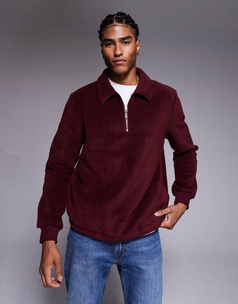 ASOS DESIGN standard quarter zip fleece sweatshirt with collar in burgundy - view 1