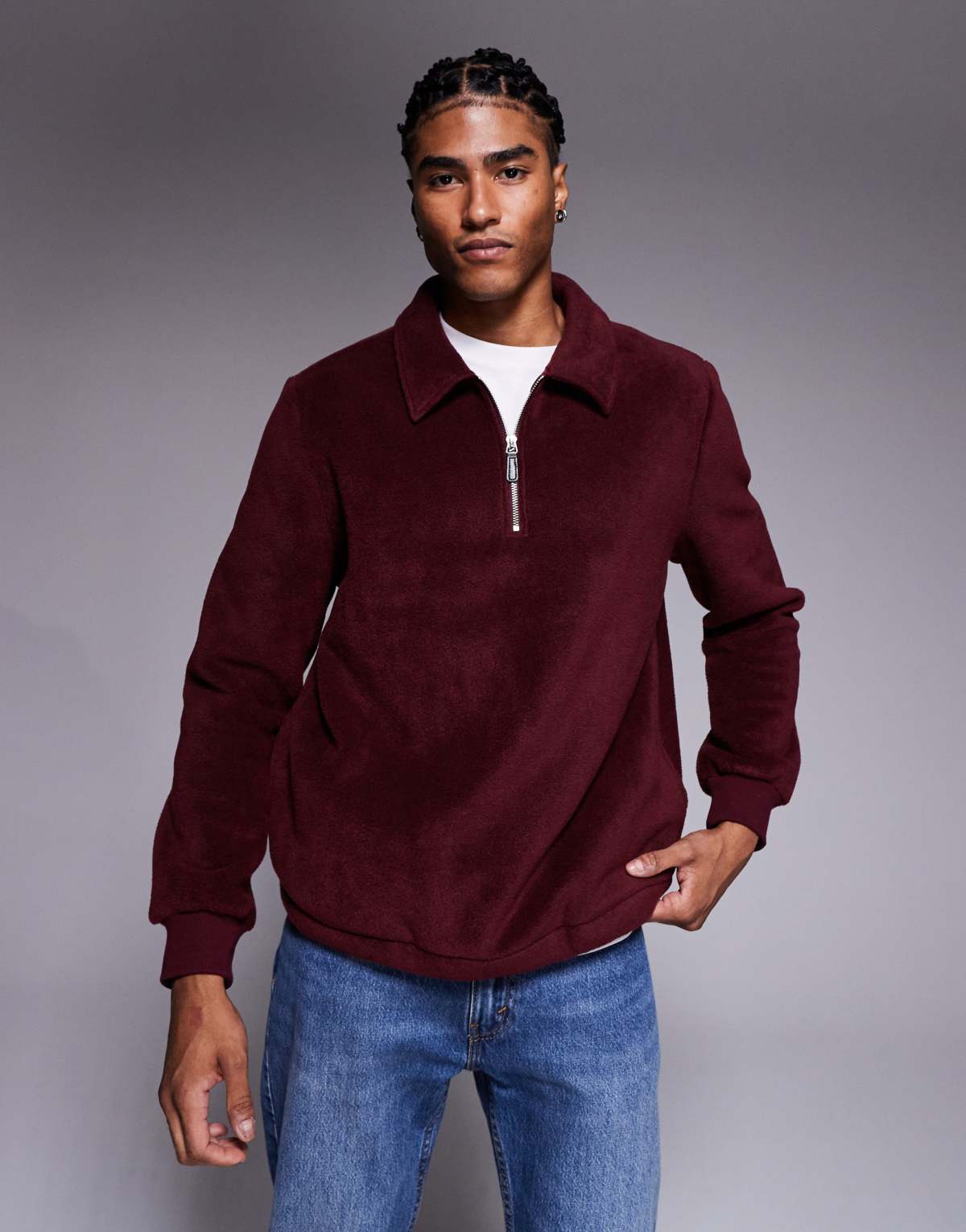 ASOS DESIGN standard quarter zip fleece sweatshirt with collar in burgundy