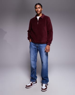 Asos Design Standard Quarter Zip Fleece Sweatshirt With Collar In Burgundy