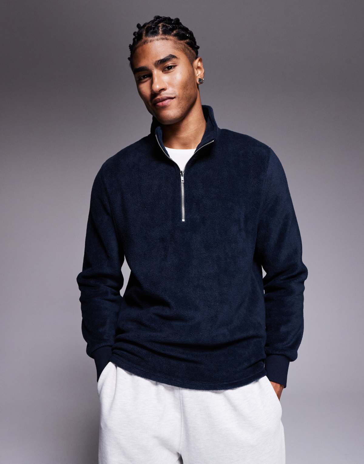 ASOS DESIGN standard quarter zip fleece sweatshirt with funnel neck in navy