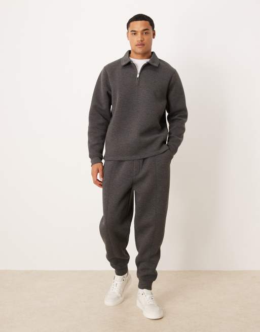 ASOS DESIGN standard scuba-style fabric quarter zip sweatshirt in charcoal heather - part of a set