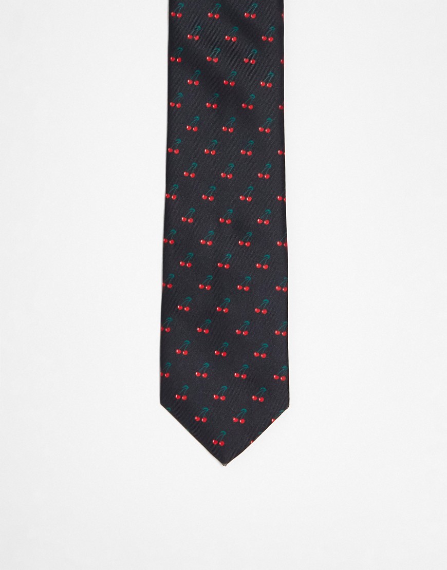 Asos Design Standard Tie With Cherry Print In Black