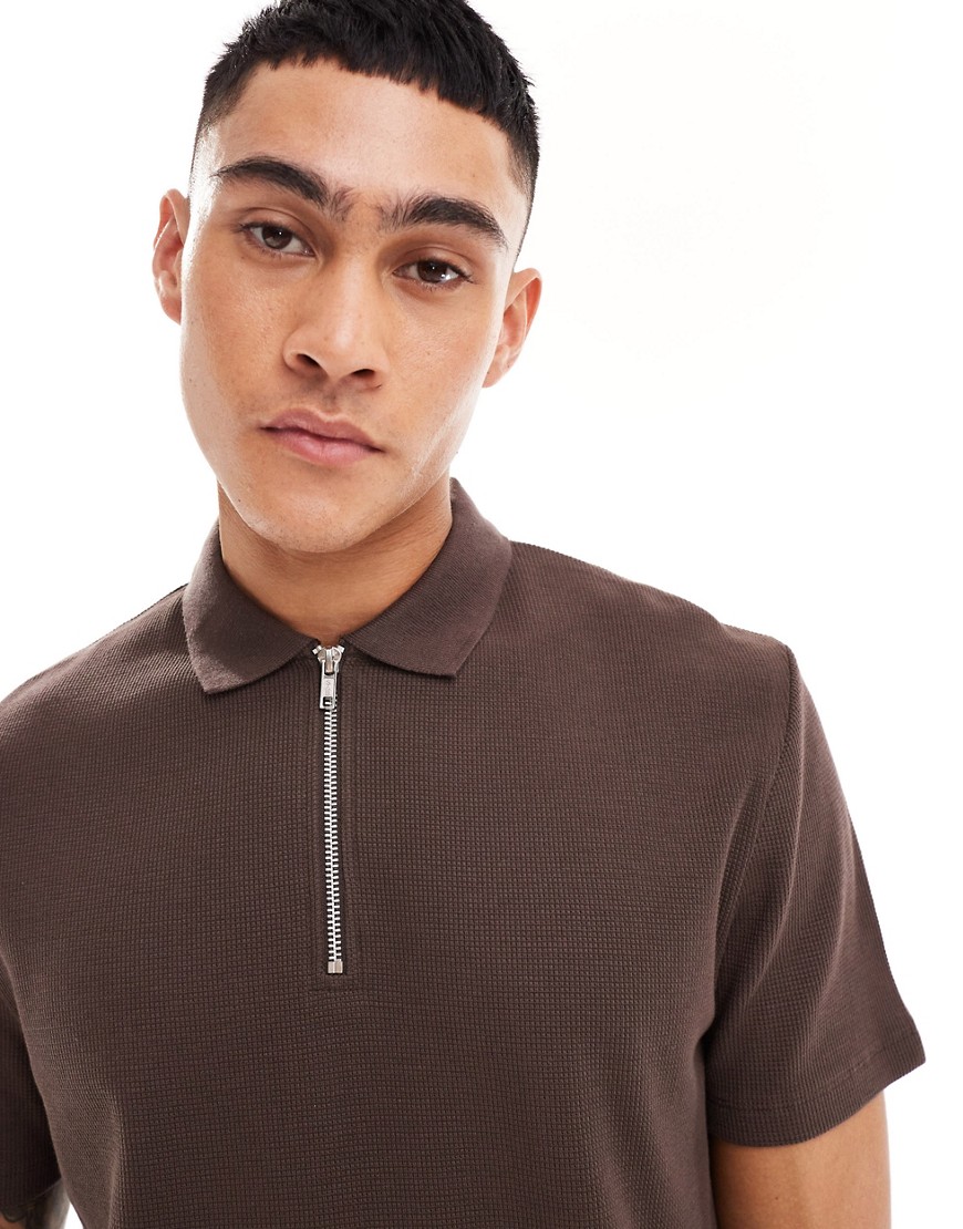 Asos Design Standard Waffle Polo With Zip In Brown