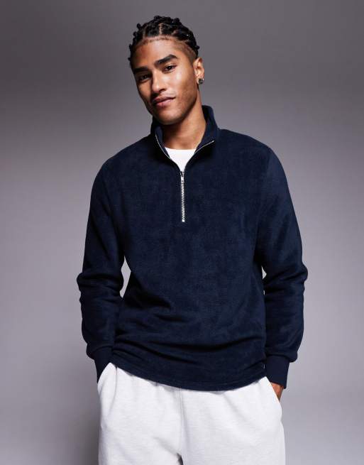 ASOS DESIGN standard zip through fleece sweatshirt with funnel neck in navy