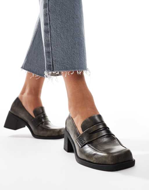 ASOS DESIGN – Stanford – Eleganckie czarne loafersy na średnim obcasie z efektem wytarcia