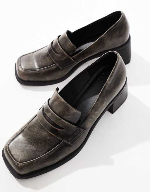 ASOS DESIGN Stanford smart mid heeled loafers in burnt black