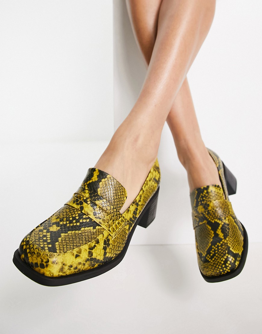 ASOS DESIGN Stanford smart mid heeled loafers in yellow snake