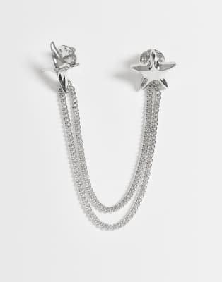 Asos Design Star And Chain Collar Tip Brooch In Silver