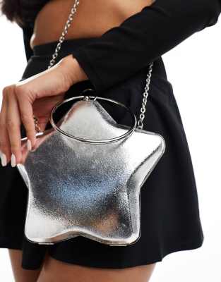 star box clutch with circle handle in silver