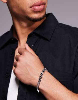 Asos Design Star Bracelet With Black Crystals-silver In Metallic