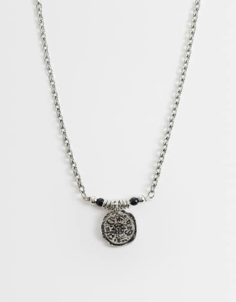 ASOS DESIGN star engraved coin pendant with beaded chain necklace in silver tone - view 1