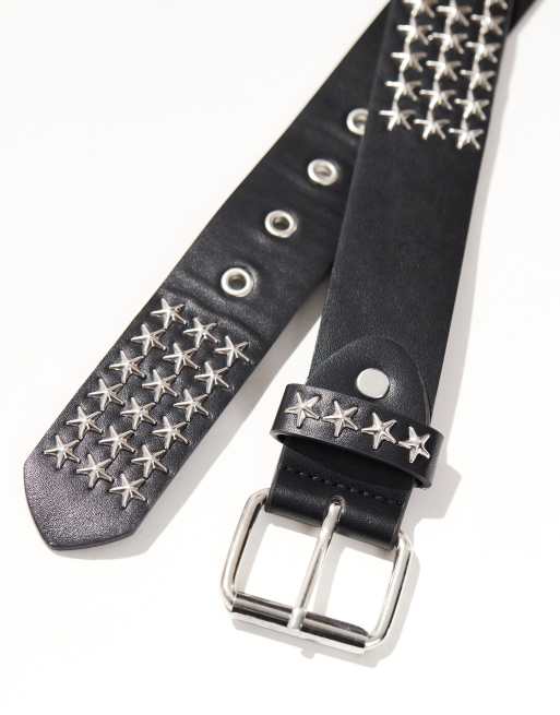 ASOS DESIGN star silver studded belt in black faux leather