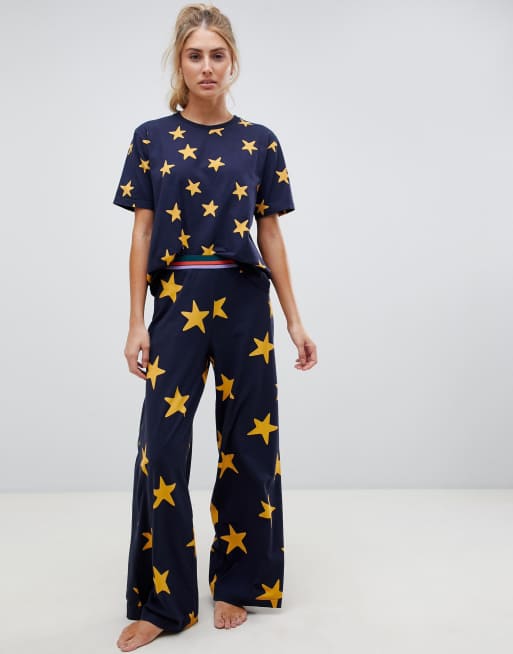 ASOS DESIGN star top and wide leg pyjama with contrast elastic