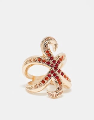 Asos Design Starfish Ring With Red Crystals