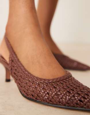 Asos Design Starry Weave Detail Mid Heel Shoes In Brown