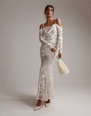 ASOS DESIGN  statement applique lace fishtail maxi wedding dress in ivory
