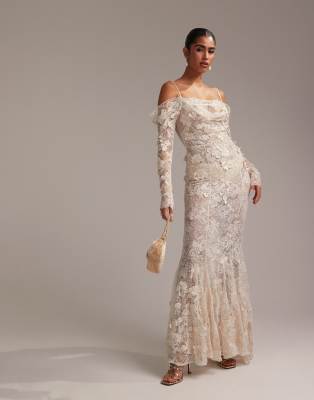 statement applique lace fishtail maxi wedding dress in ivory-White