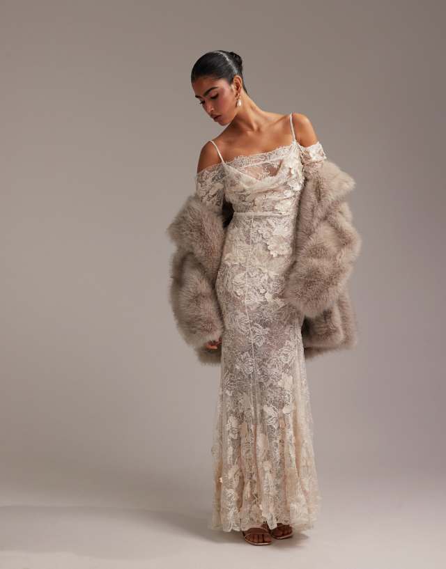 ASOS DESIGN statement applique lace fishtail maxi wedding dress in ivory